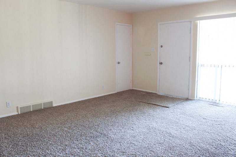 A room with carpeted floor and two white doors.