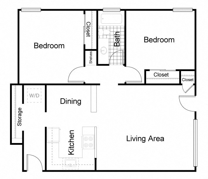 A floor plan of a house with two bedrooms, a living area, a kitchen, a dining area, and storage.