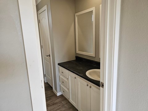 A bathroom with a sink and mirror.