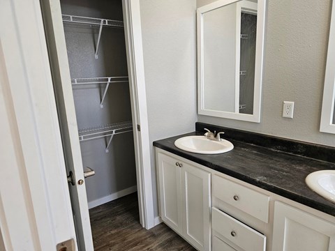 A bathroom with a sink, mirror, and open cabinet.