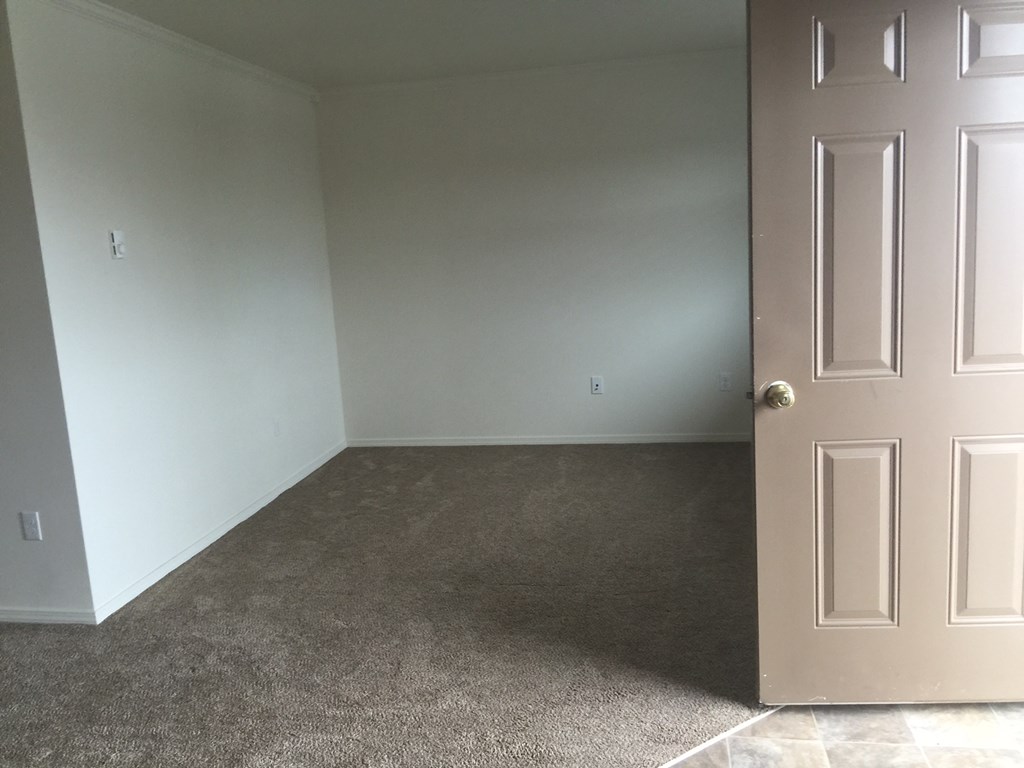 a room with a carpeted floor and a white door