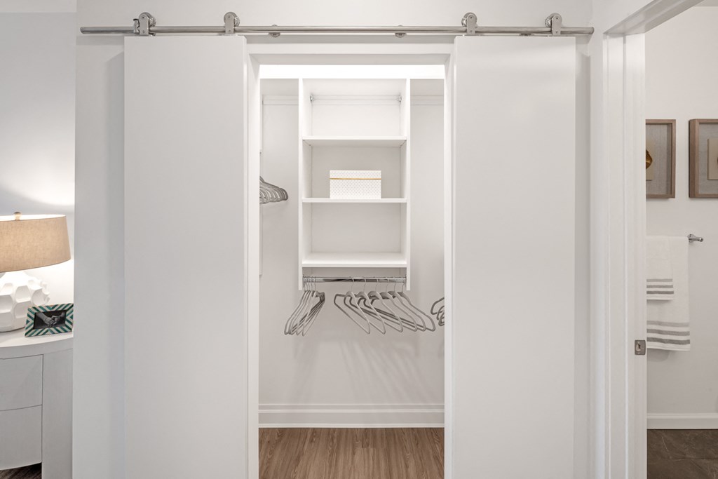a bathroom with a closet with shelves and a shower curtain