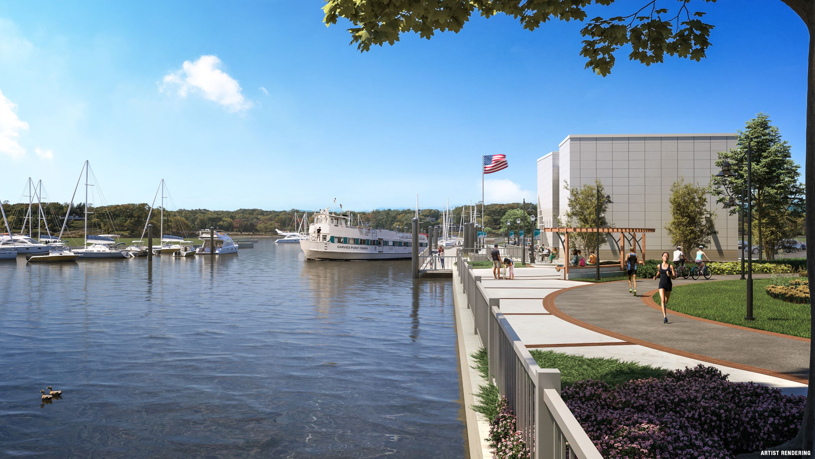 a rendering of a marina with boats in the water and people walking on a