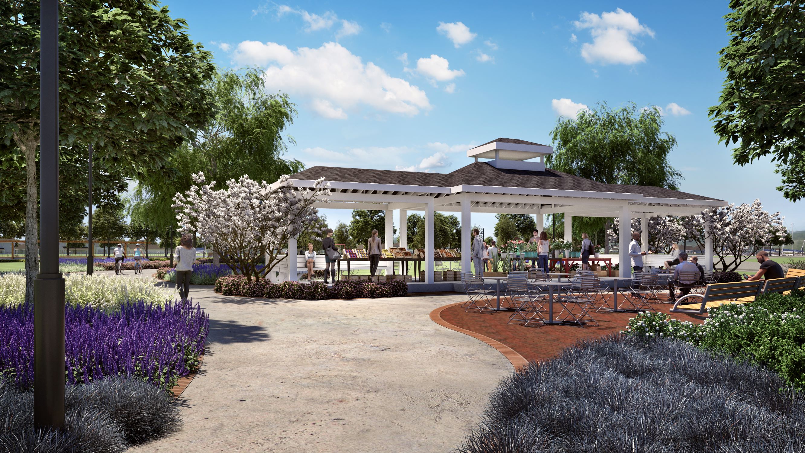 a rendering of a park with a pavilion and benches