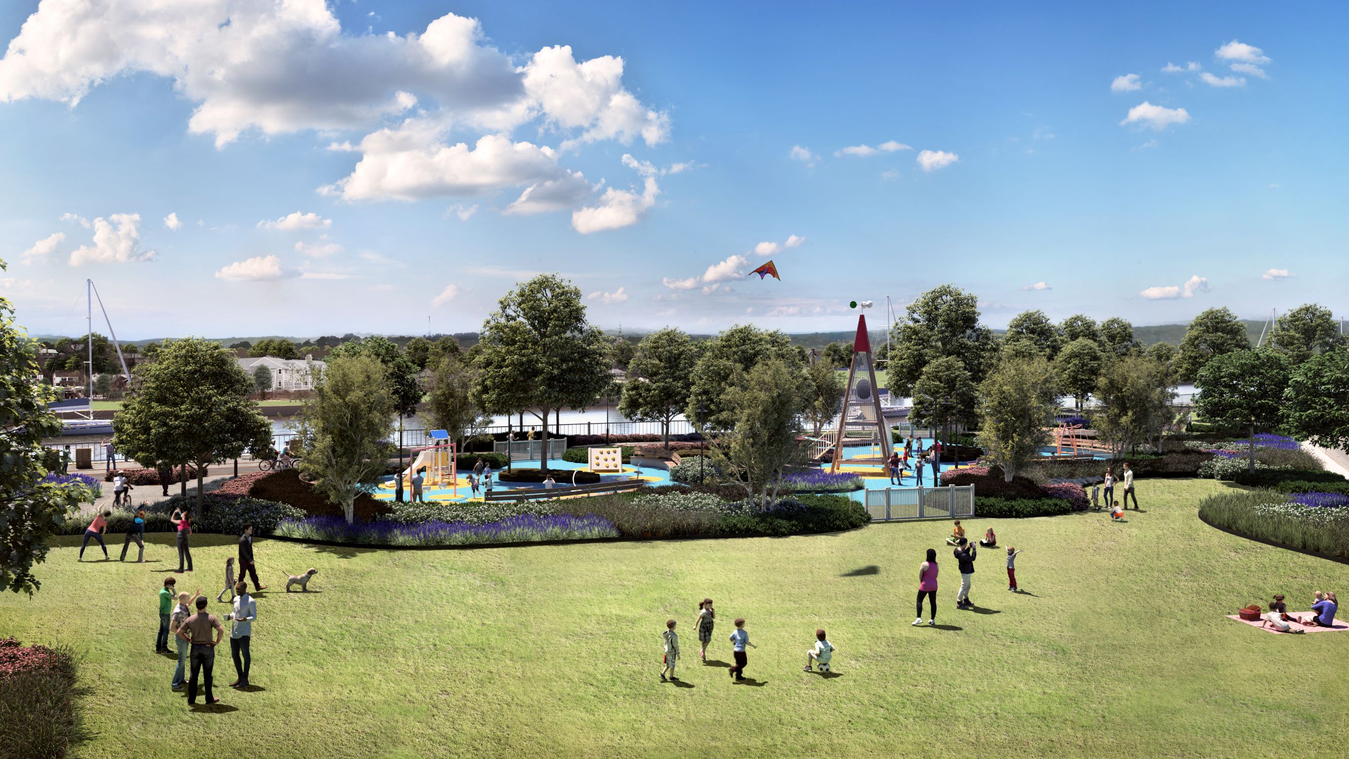 a rendering of a park with people flying kites