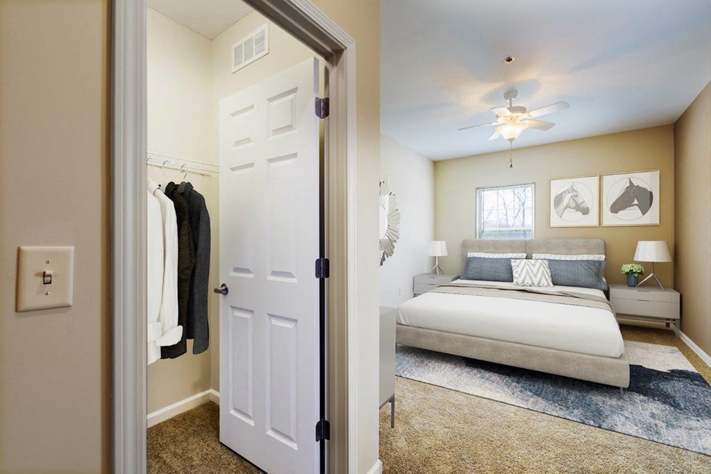 a bedroom with a bed and a closet