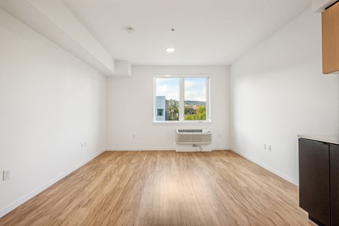 a living room with white walls and a window