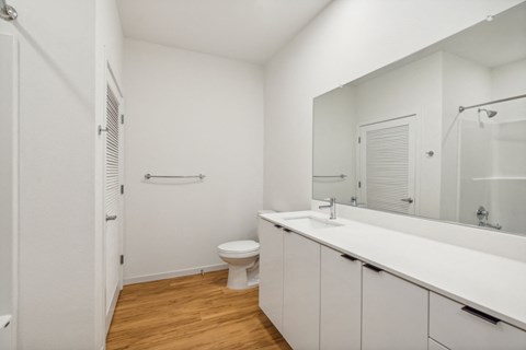 a bathroom with a large mirror and a sink and a toilet
