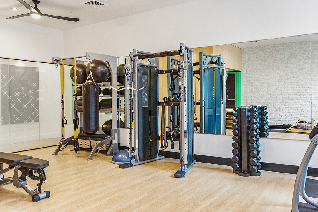 a gym with weights and a punching bag on the wall