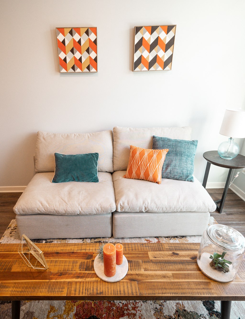 a living room with a couch and a coffee table
