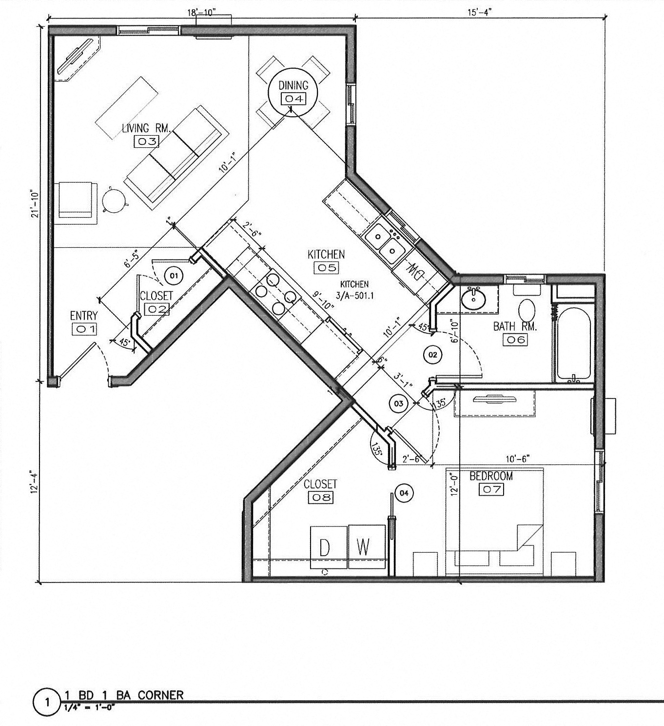 1 Bedroom 1 Bathroom Corner, no balcony