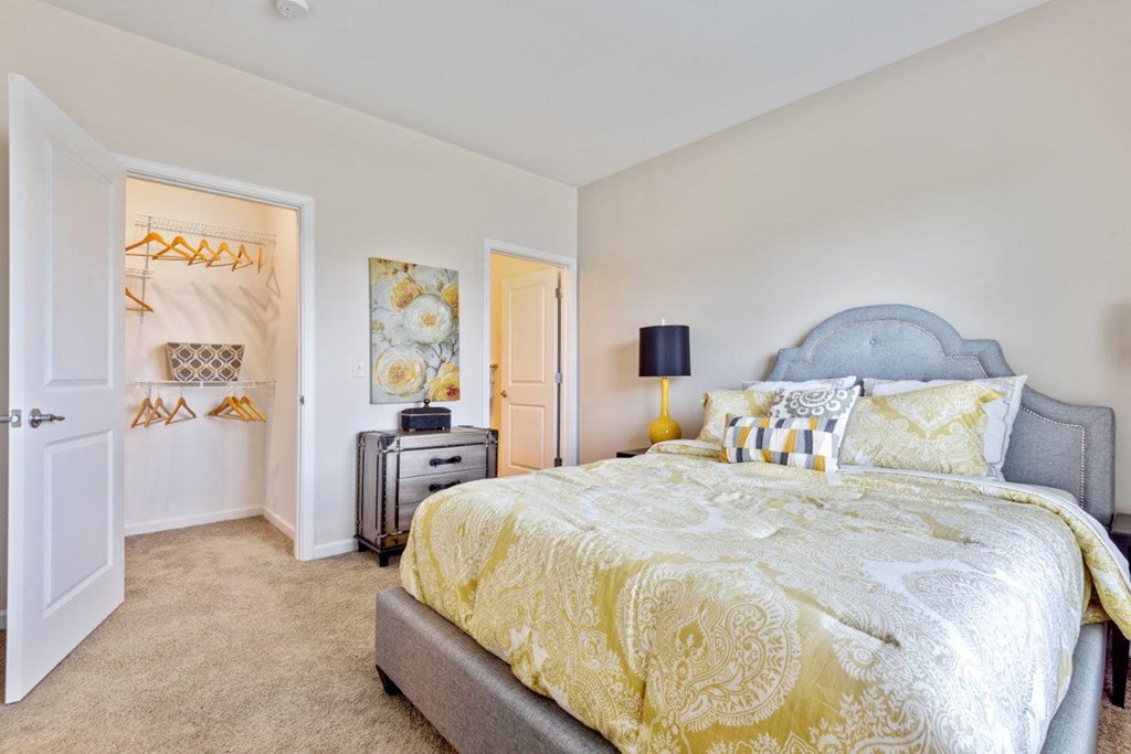 a bedroom with a bed and a door to a closet