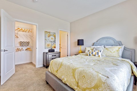 a bedroom with a bed and a door to a closet