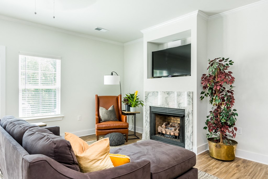 a living room with a couch and a fireplace and a television