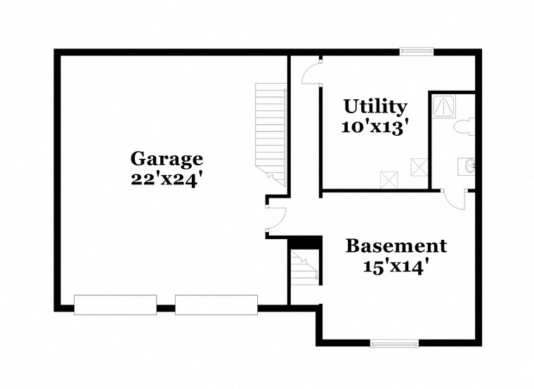 floor plan of the first floor of a house with an open area and a garage