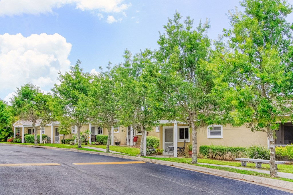 Villas3 large roadway with speed bumps through community with mature trees