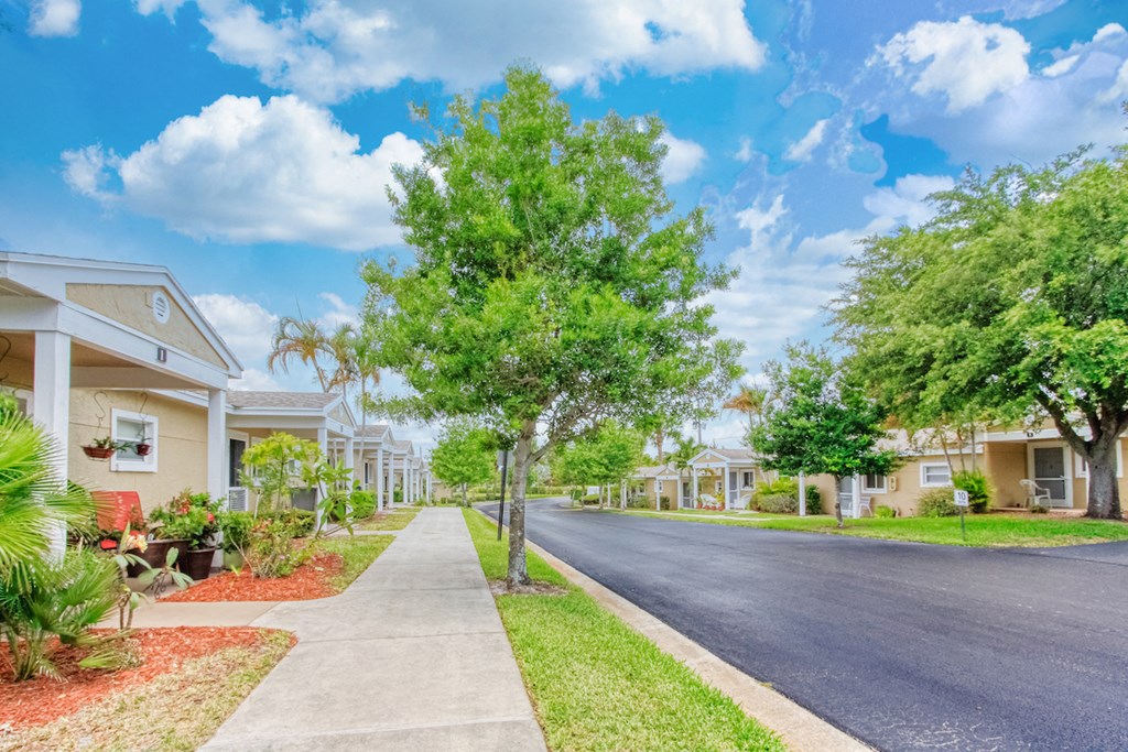 Well-kept community with lush landscaping and neat sidewalk