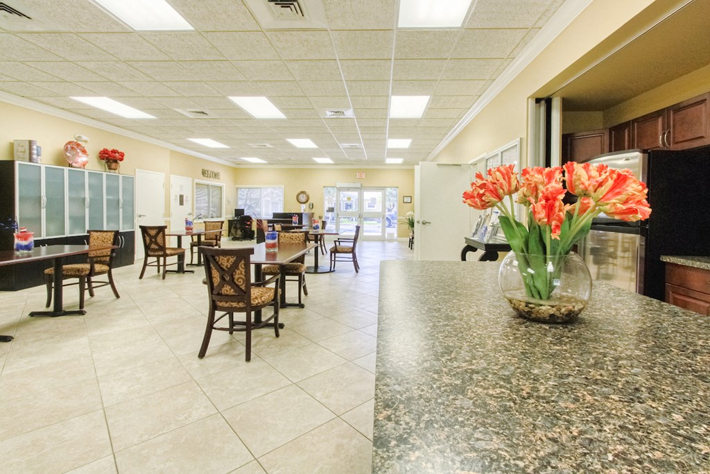 Kitchen Island in community room with tulips