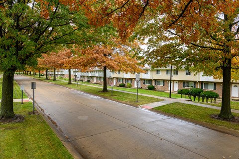 an empty street in front of an apartment building with trees