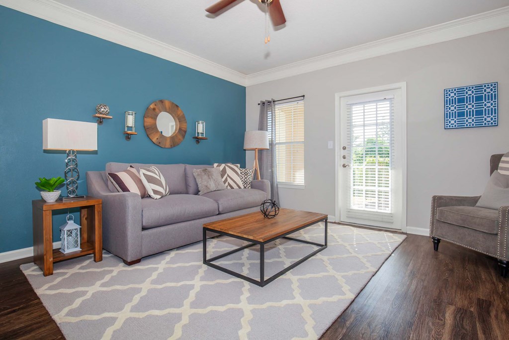 a living room with a couch and a coffee table