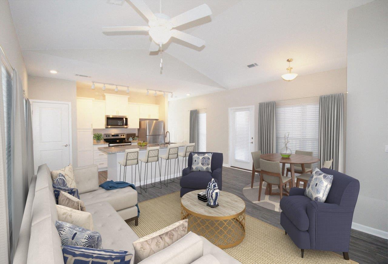 a living room with a couch and a table