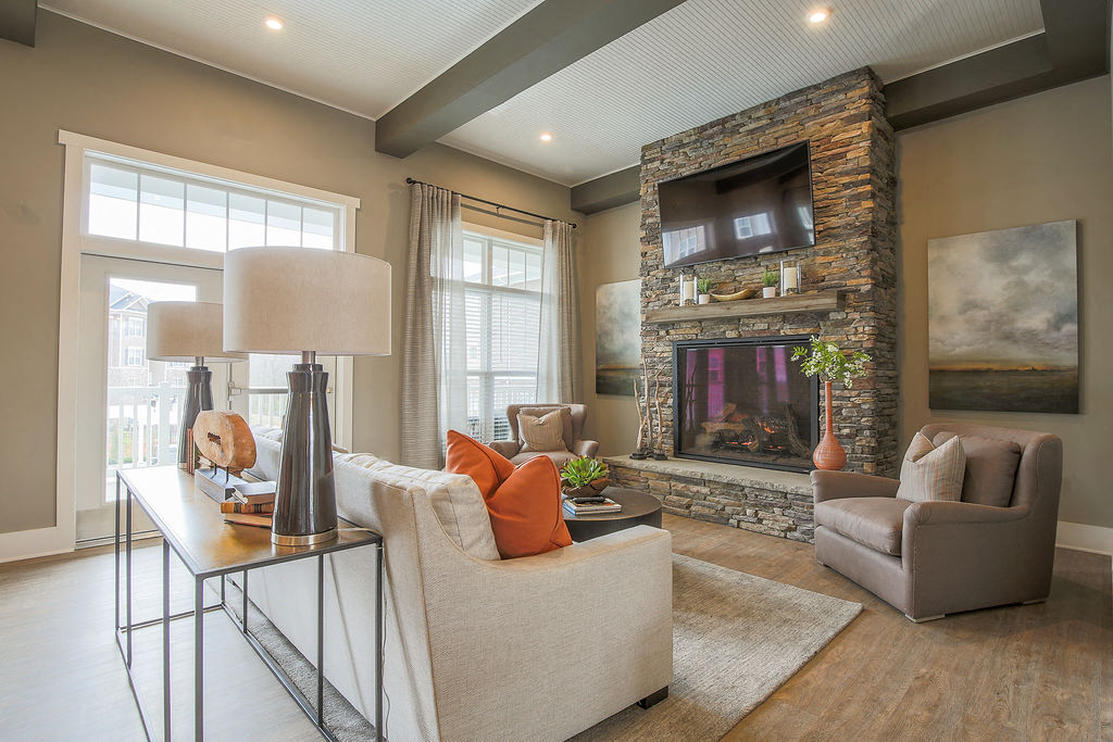 a living room with a fireplace and a couch