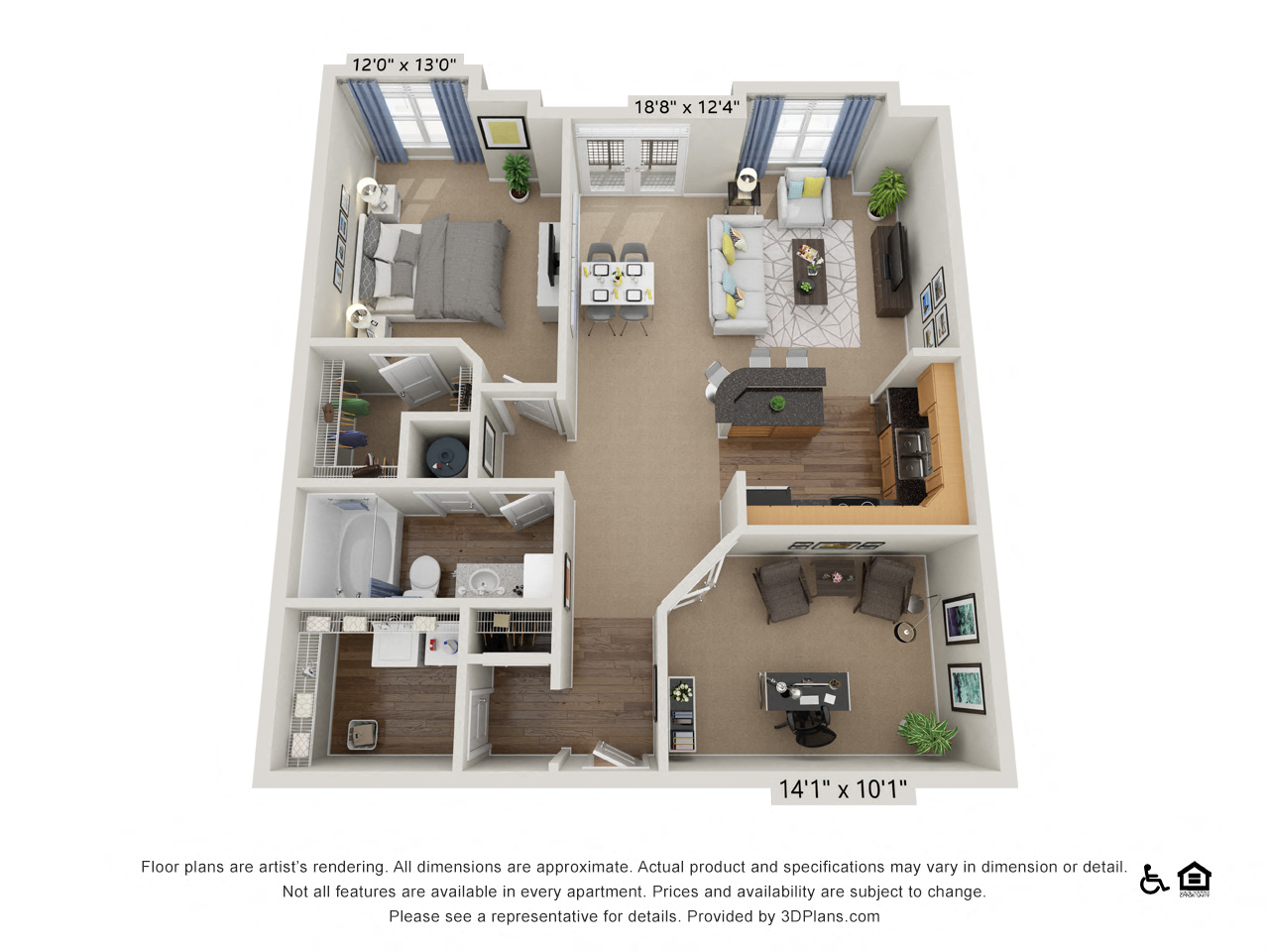 D2 1 Bed 1 Bath Floor Plan