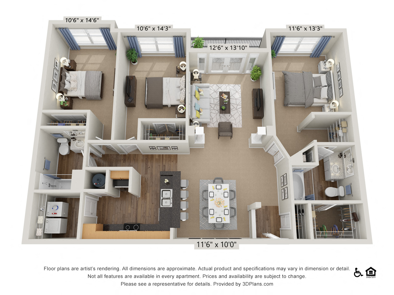 F3 3 Bed 2 Bath Floor Plan