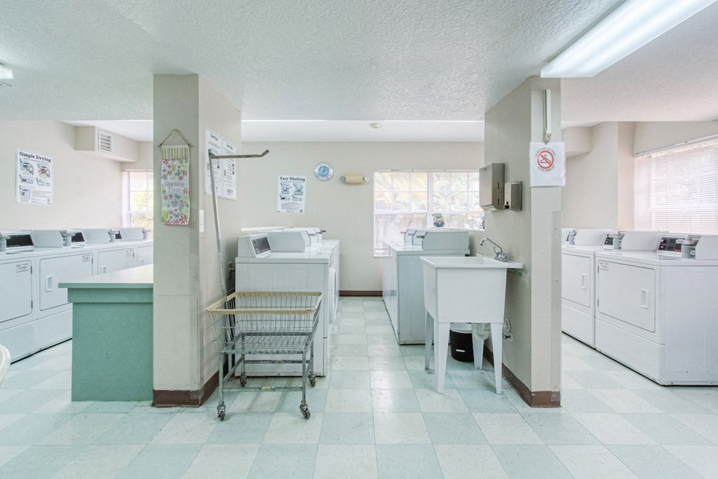 large laundry center with washers, dryers, carts, folding tables, and sinks