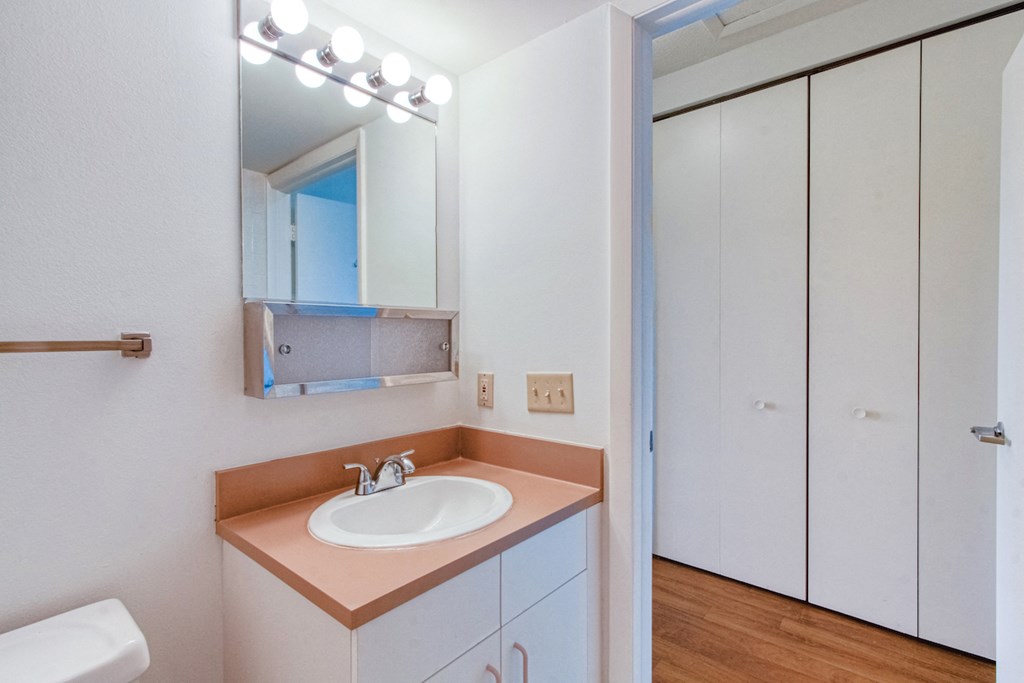 bathroom with sink, mirror, and lighting above sink