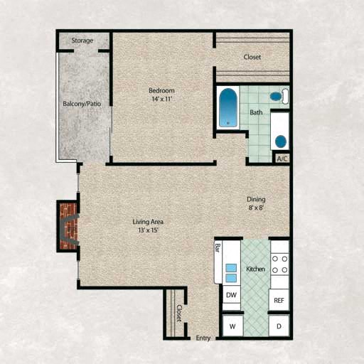 One bedroom, one bathroom with walk-in closet, coat closet, kitchen, wet bar, living area, dining area, and private patio or balcony with storage space (738 sqft)