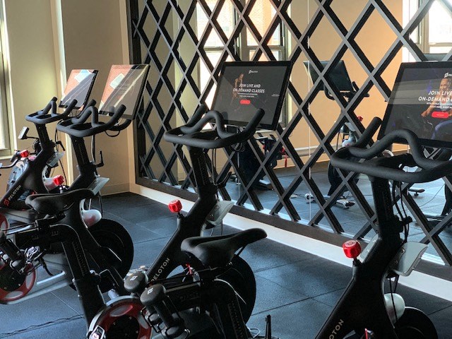 a group of exercise bikes in a gym