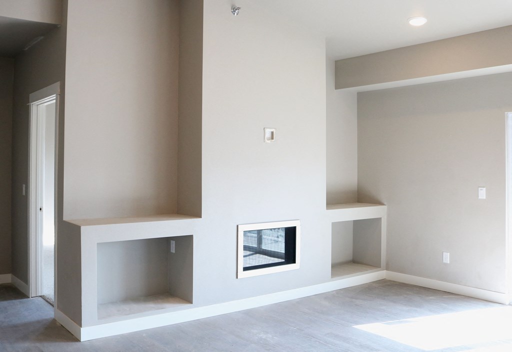 fireplace, mantle, built in shelves