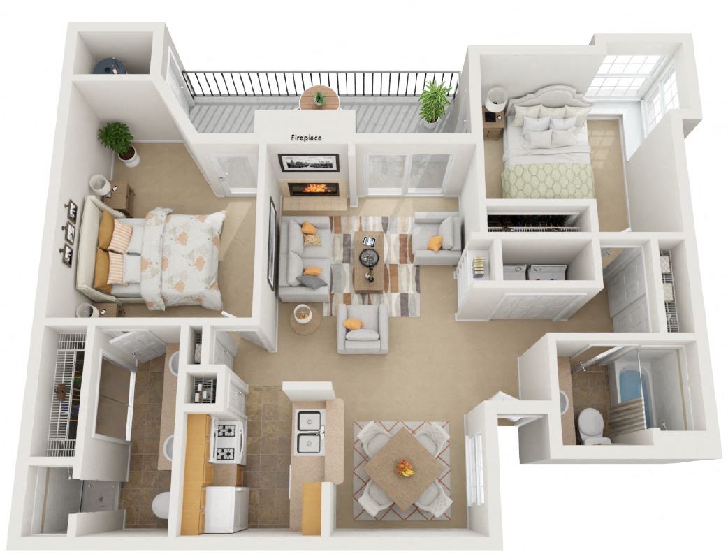 3d 2 bedroom floor plan | The Amethyst Apartments in Austin TX