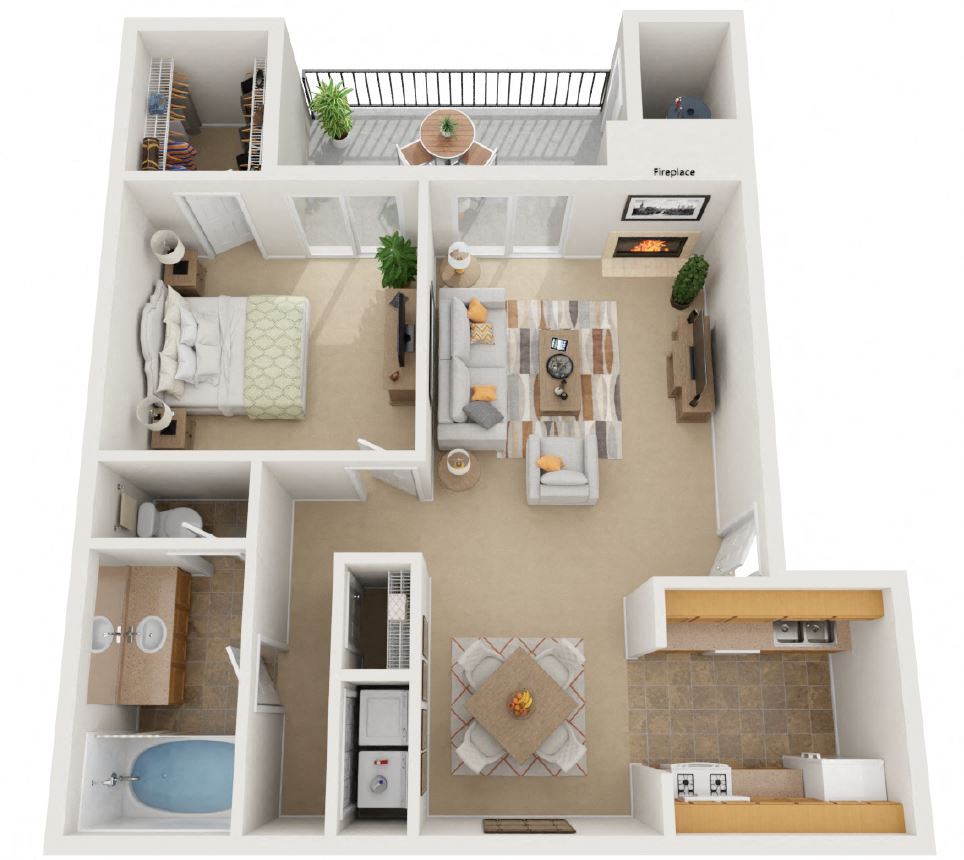 3d 1 bedroom floor plan | The Amethyst Apartments in Austin TX