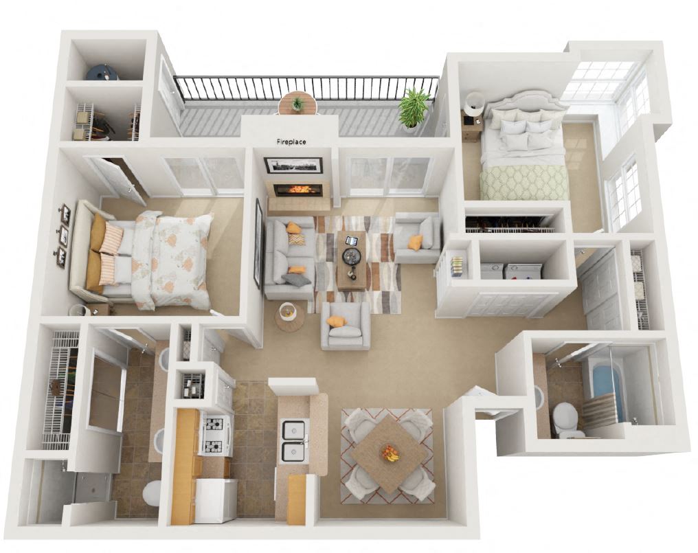 3d 2 bedroom floor plan | The Amethyst Apartments in Austin TX