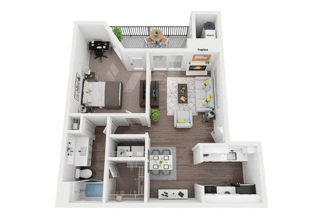 1 Bed 1 Bath Floor Plan with 738 Sq. Ft. at The Olivine, Austin, 78727