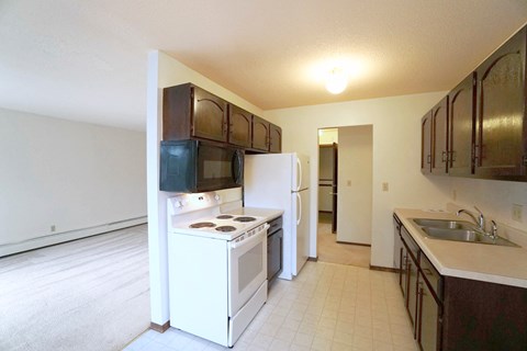 a kitchen with a stove and a refrigerator and a sink