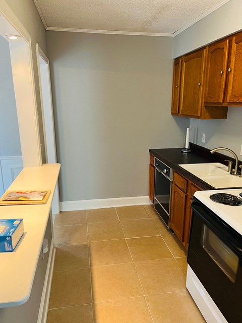 an empty kitchen with a stove and a sink