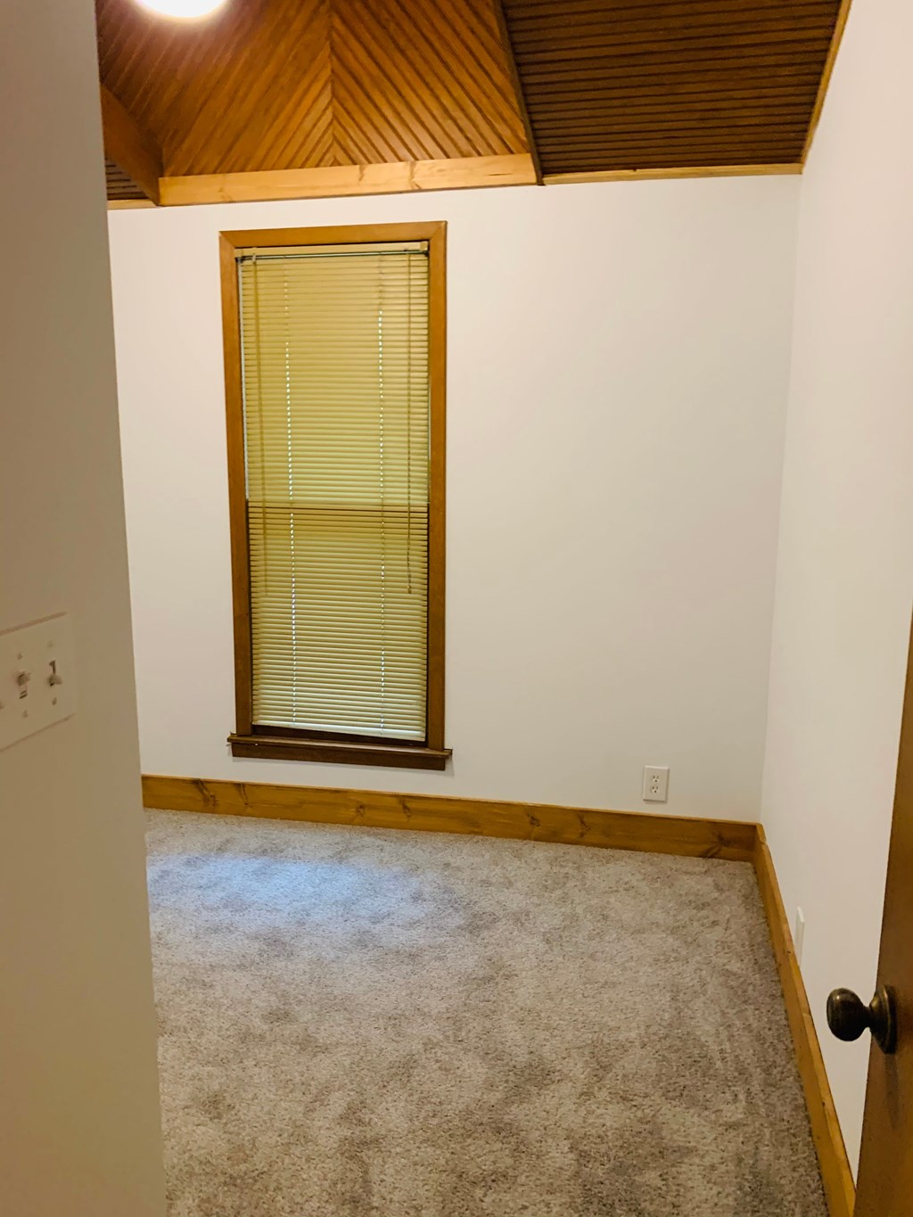 a room with a window and a carpeted floor and a door