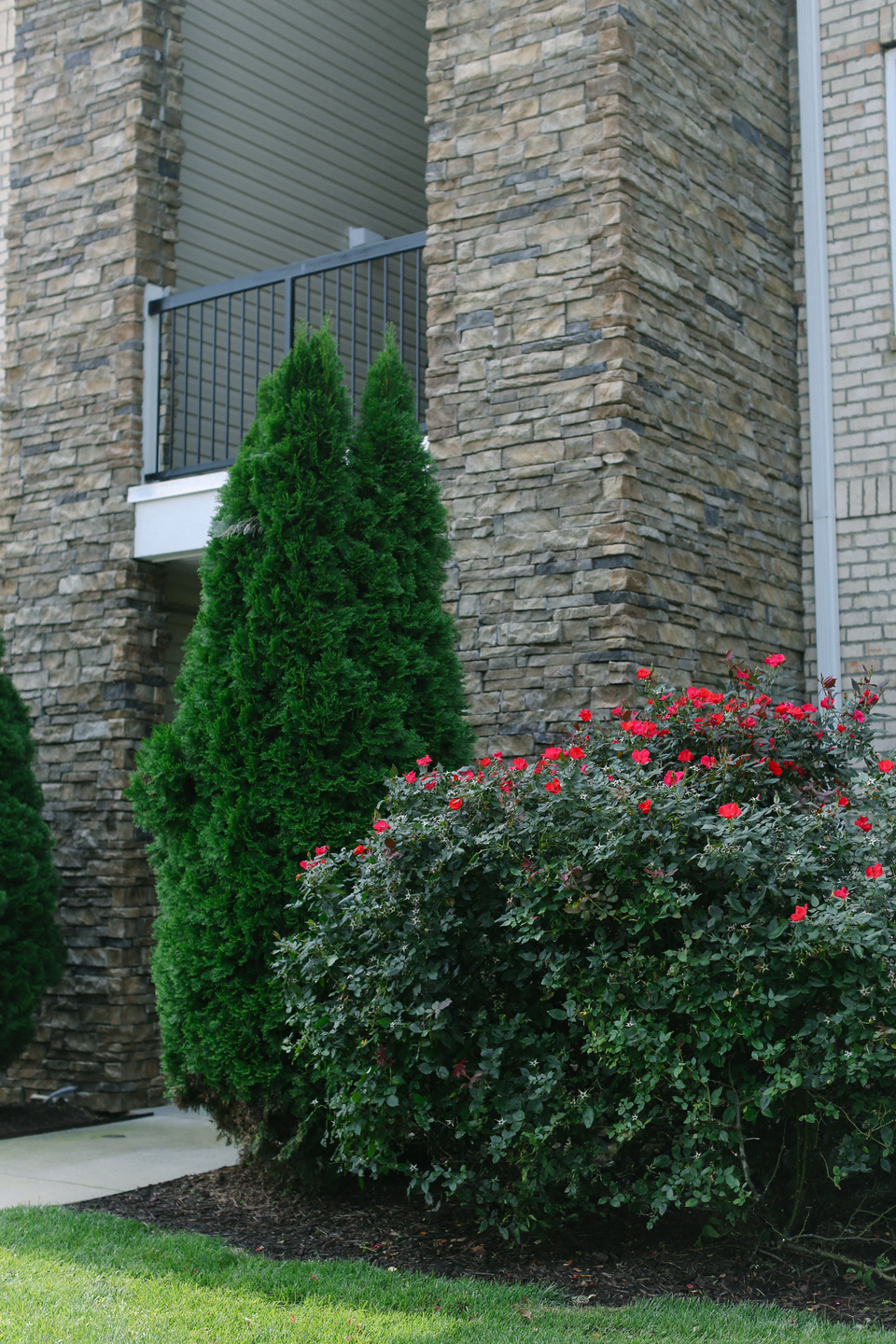 a brick building with a balcony and some bushes and flowers