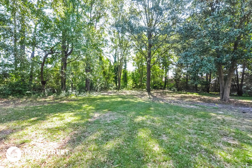 a grassy field with trees in the background