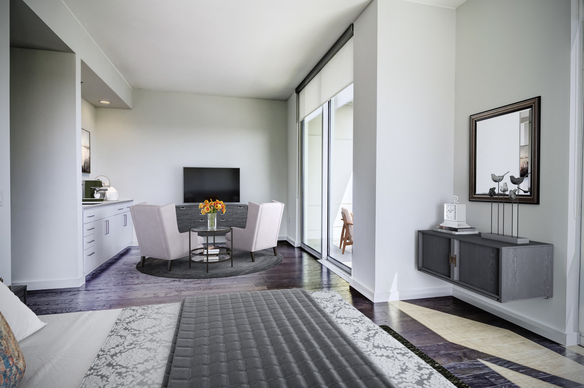 a living room with a couch and a table and a tv