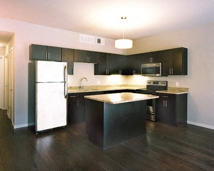 a kitchen with black cabinets and a white refrigerator