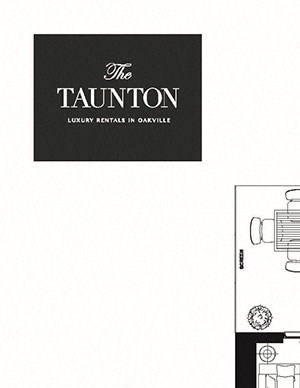 One bedroom plus den, one bathroom apartment layout at The Taunton in Oakville, ON