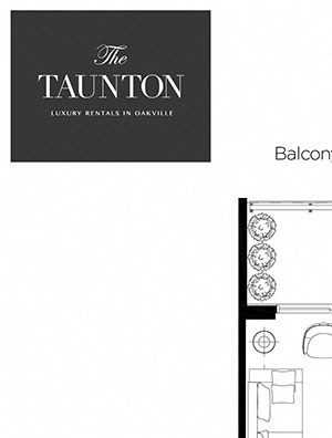 One bedroom, one bathroom apartment layout at The Taunton in Oakville, ON