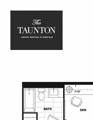 One bedroom plus den, one bathroom apartment layout at The Taunton in Oakville, ON