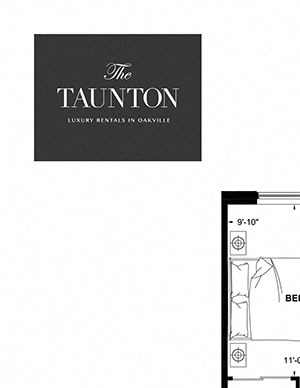 One bedroom plus den, one bathroom apartment layout at The Taunton in Oakville, ON