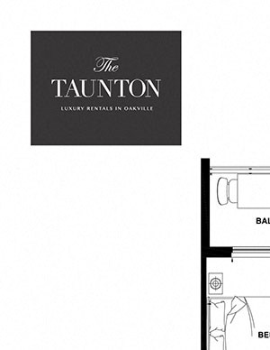 One bedroom plus den, one bathroom apartment layout at The Taunton in Oakville, ON
