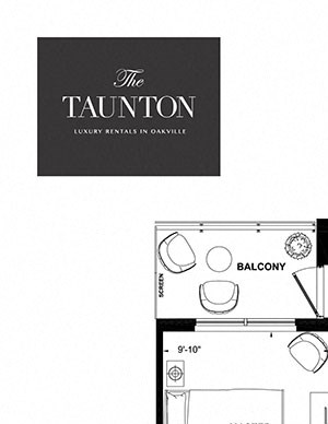 Two bedroom plus den, two bathroom apartment layout at The Taunton in Oakville, ON